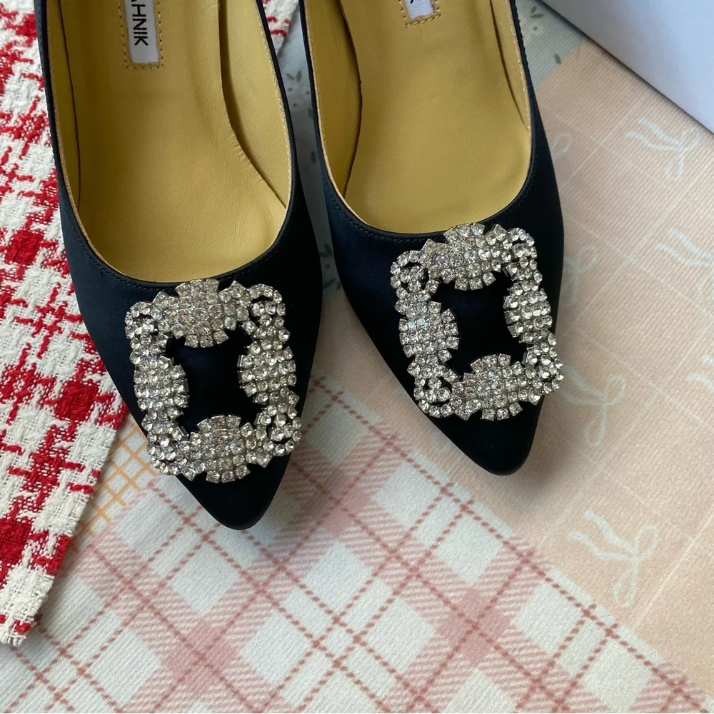 Manolo Blahnik Black Embellished Satin Pointed Toe Flats